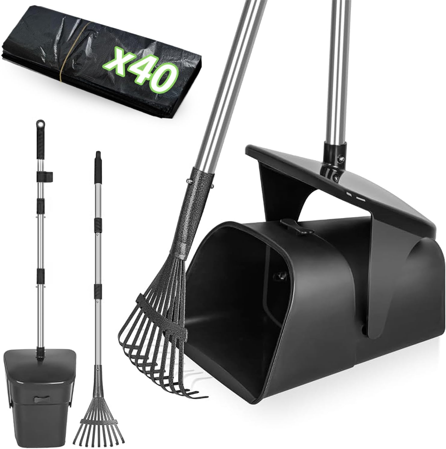 2pcs Heavy Duty Dog Pooper Scooper with 40 Bags, Long Handle Swivel Bin & Rake Spade for Large Medium Dogs, Pet Waste Removal for Yard Grass Gravel, Easy to Clean