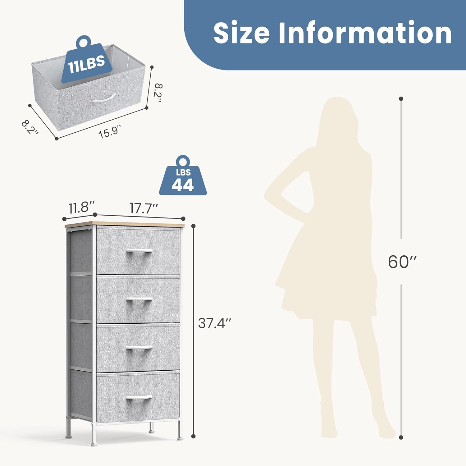 DUMOS Nightstand with 4 Drawers Bedside Table with Removable Fabric Bins Sturdy Steel Frame Wood Top Organizer Furniture for Bedroom Closet Living Room,Light Gray - Image 3