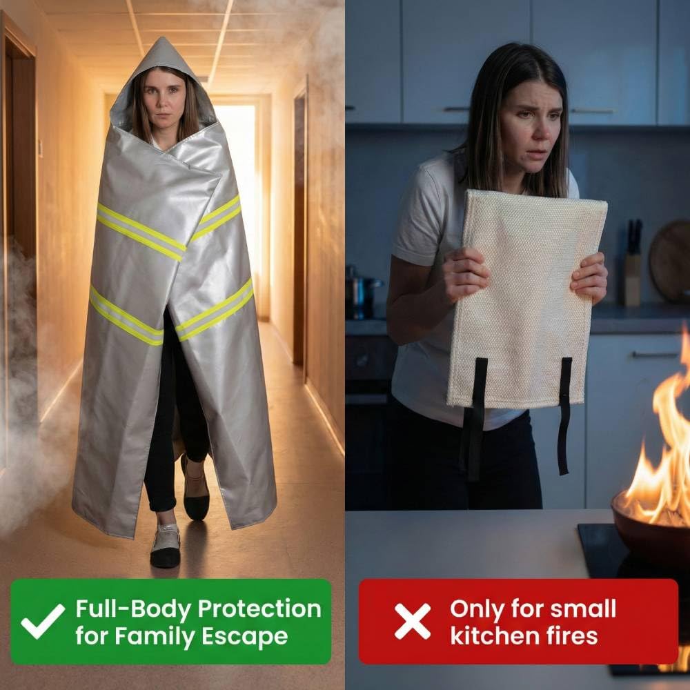 Capa ignífuga de emergencia con capucha, manta ignífuga de fibra de vidrio recubierta de silicona plateada, 59 x 47 pulgadas, cubierta de seguridad resistente al calor para escape, manta
