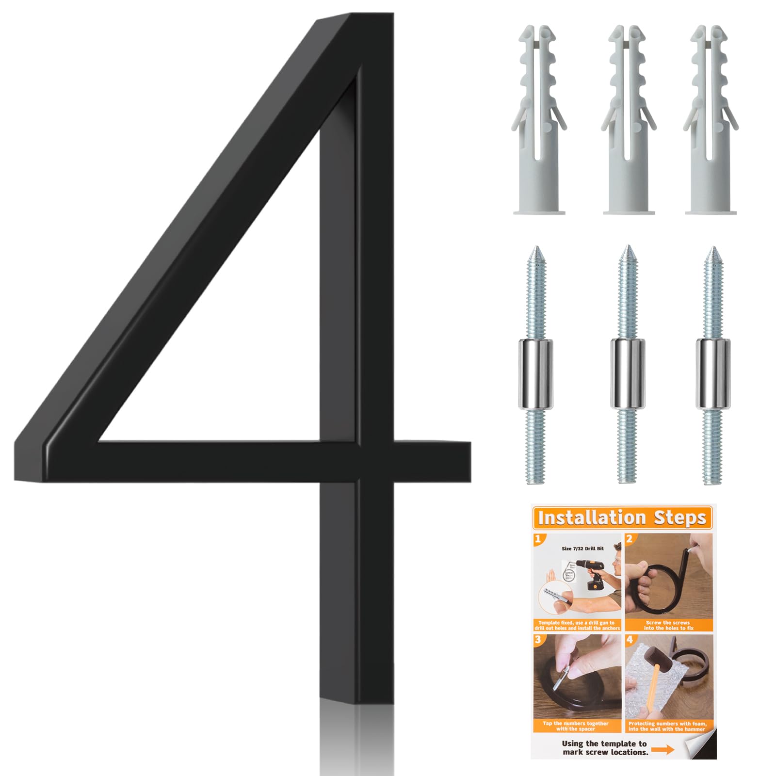 Briout 5" Modern House Numbers for Outside, Address Numbers for House with Nail Kits, Zinc Alloy Exterior House Numbers for Home Door Garden Street, High Gloss Black (4) — image 1