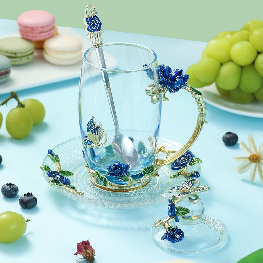 Glass Coffee Mugs Fancy Tea Cup Set Butterfly Rose Coffee Cup Christmas Tea Gifts for Women Birthday Mother's Day(12ozBlueRose) - Image 3