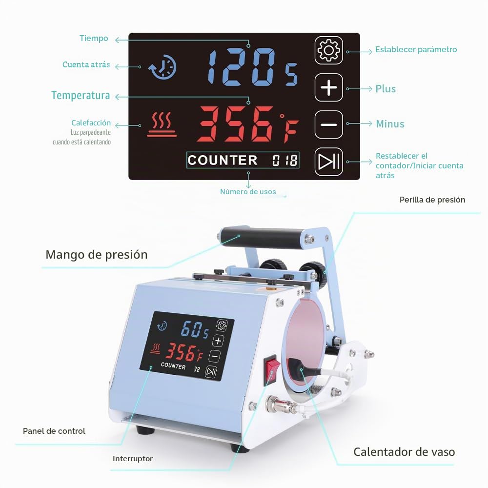 PYD Life 110 V Mini Max Máquina de Prensa de Calor para Vaso Térmico de 40 OZ Azul Claro Prensa de Calor para Taza Pantalla Táctil para Vaso Térmico de Sublimación de 40 OZ con Asa Impresión por