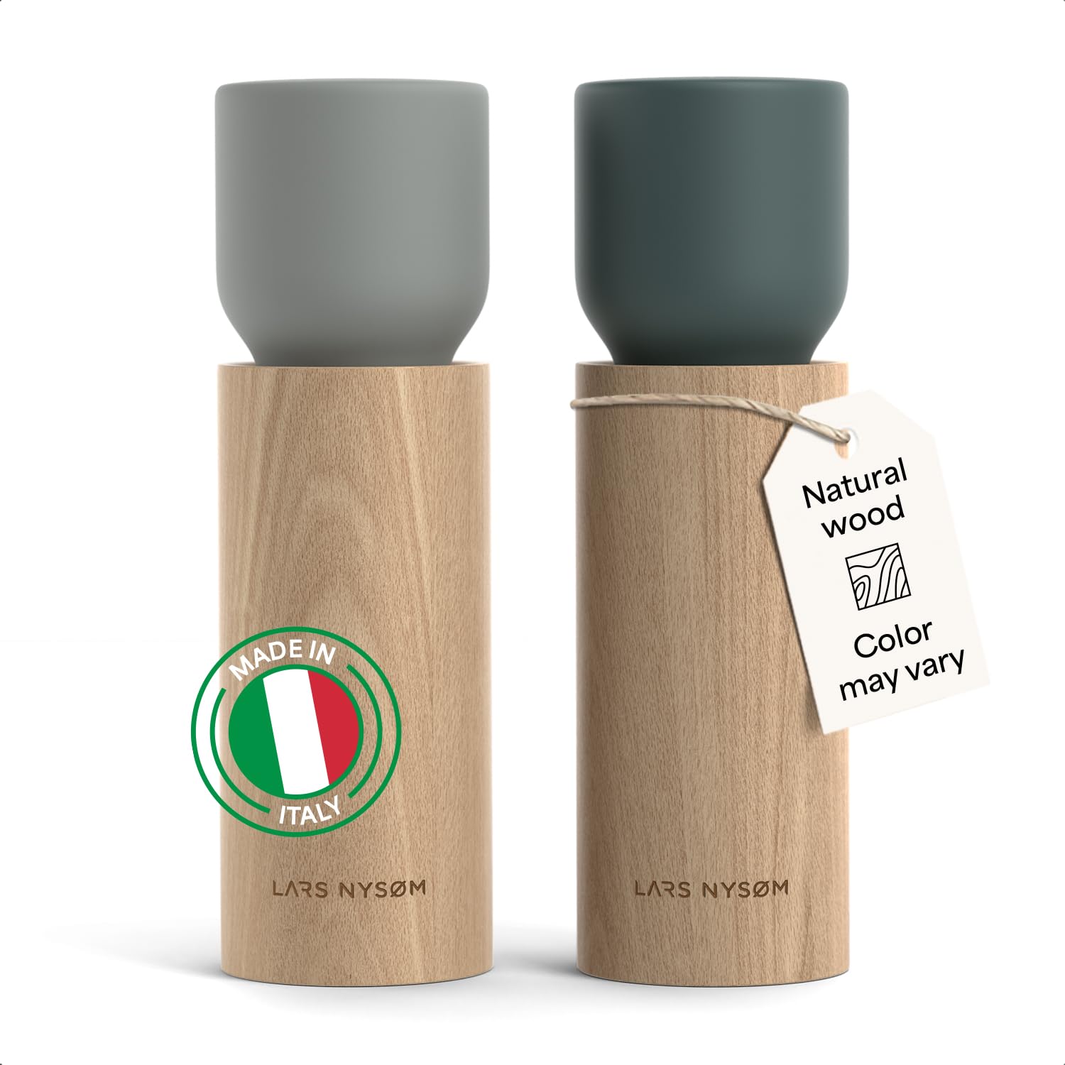 LARS NYSØM Wooden Salt and Pepper Grinder Set Manual - Salt and Pepper Mills with Adjustable Ceramic Grinder - Elegant Beechwood Pepper and Salt Mill Set for Dining Table (Blue/Gray)