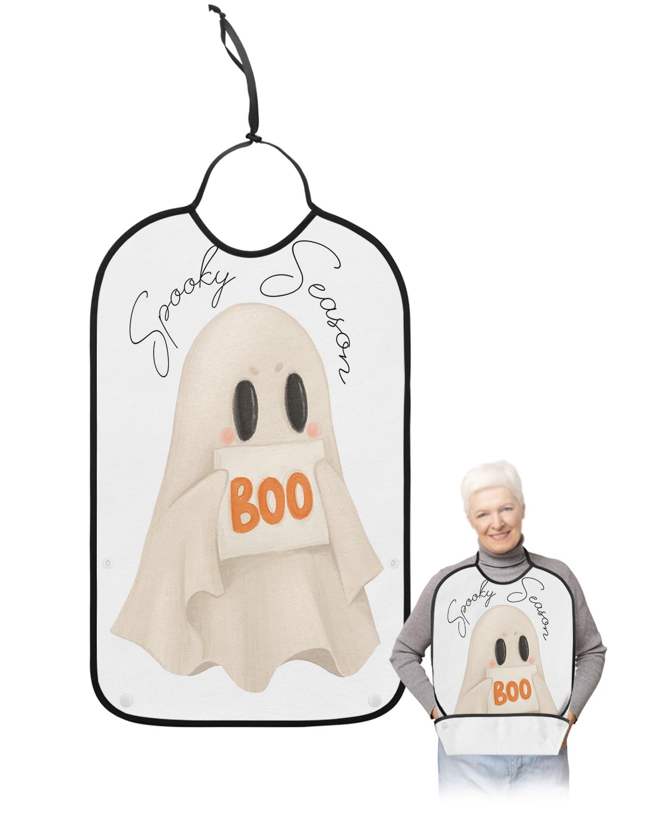 LEOKOTI Halloween Adult Bibs for Eating, Waterproof Bibs with Food Catcher & Adjustable Snap Closure, Watercolor White Ghost Washable Clothing Protectors Adult Bibs for Elderly Women/Men
