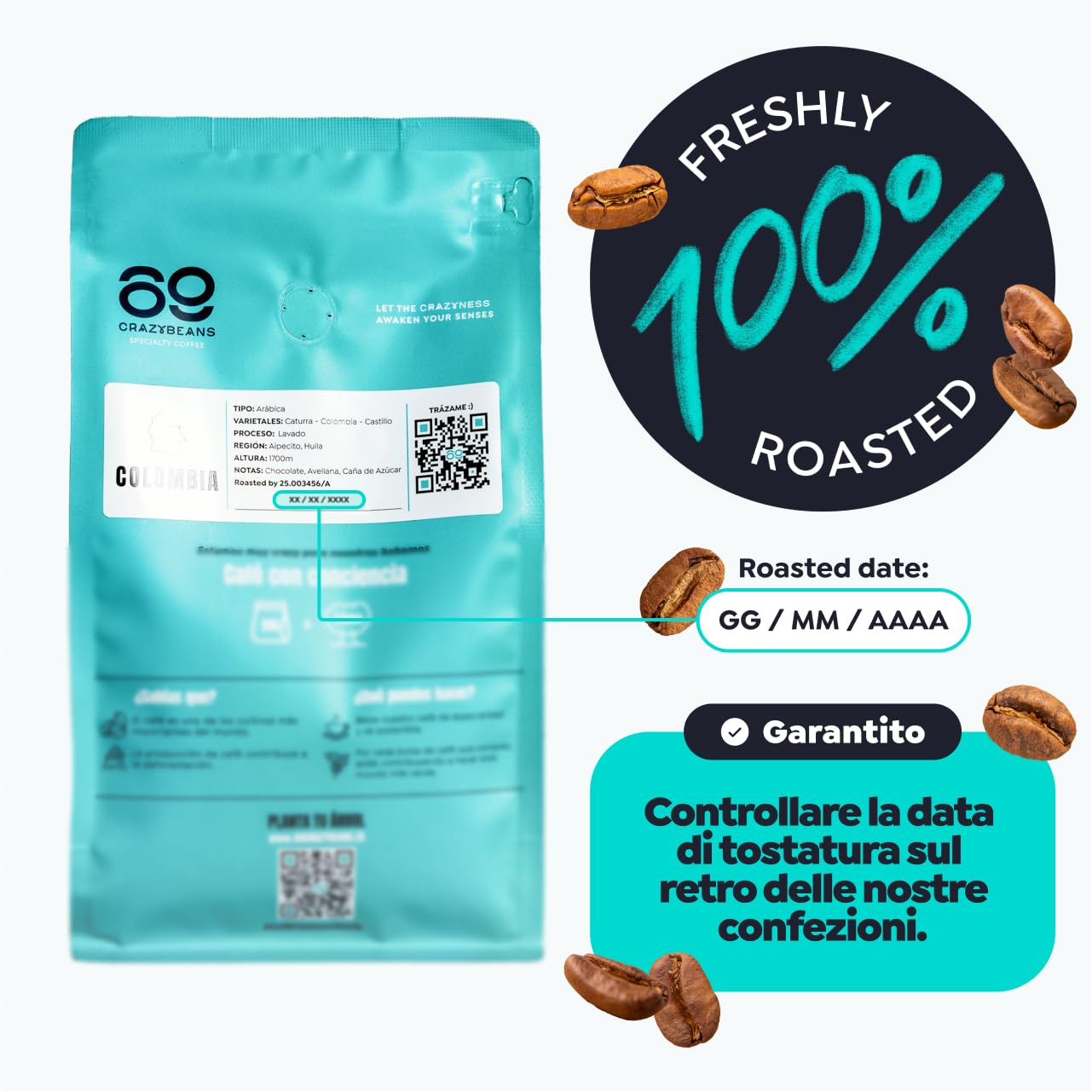 Chicchi di caffè speciali | Colombia | 100% Arábica | Natural | 84 puntos SCA | Neiva,Huila | 500g | 69 CrazyBeans Specialty Coffee | Chicchi di caffè arabica naturale