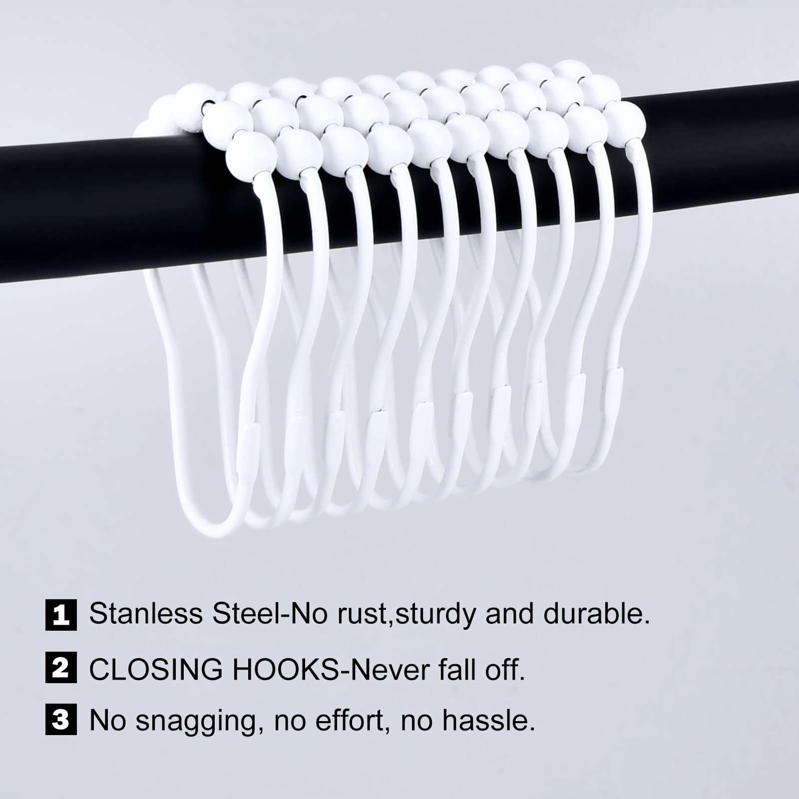 Crochets de rideau de douche, anneaux de rideau de douche, crochets de douche en acier inoxydable antirouille pour tringles à rideaux de douche, cadre blanc, anneaux à boule