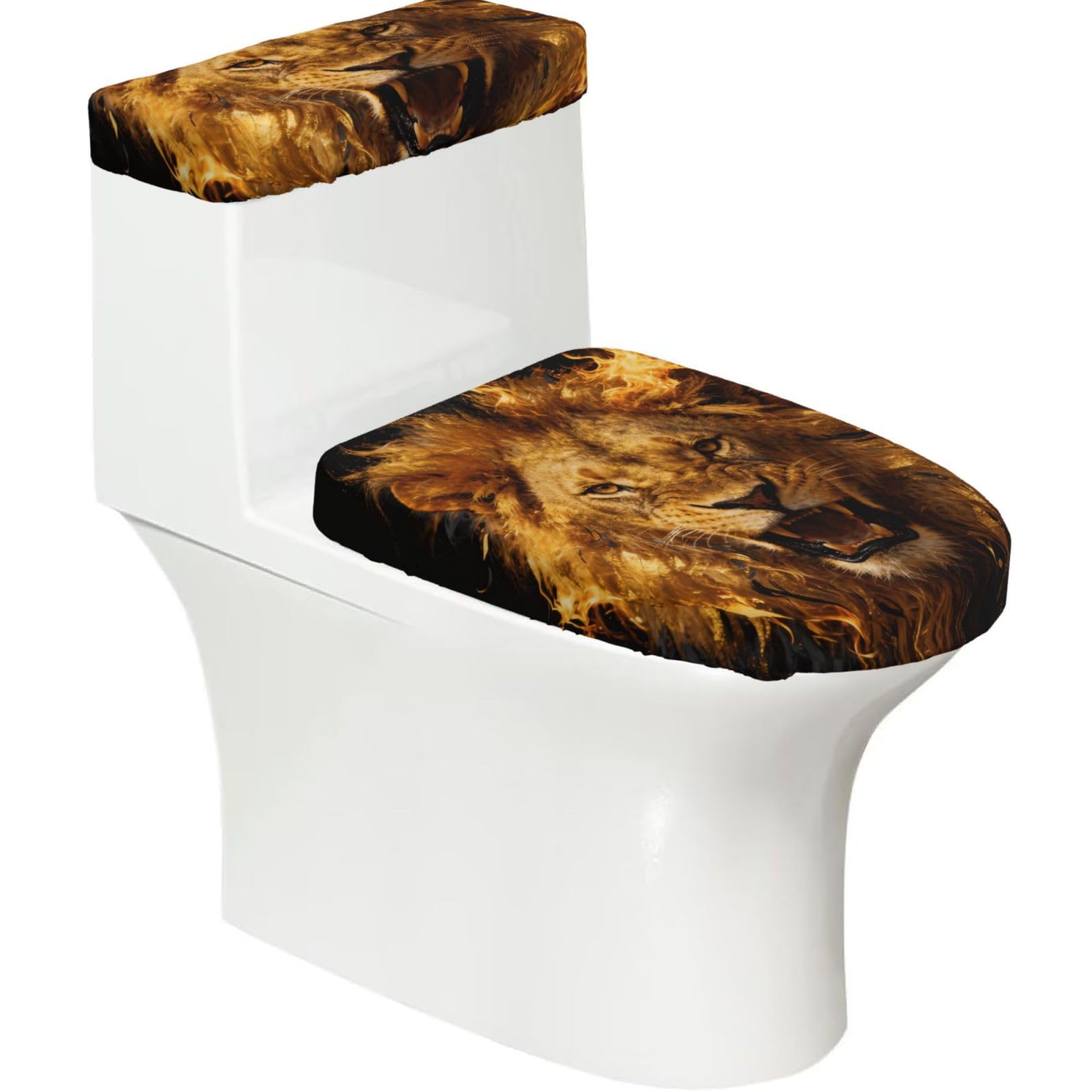 Cntdbu Black Golden Lion Roar Stretchy Toilet Lid And Tank Cover Set-Soft Elastic Bathroom Decor For U Shape Oval