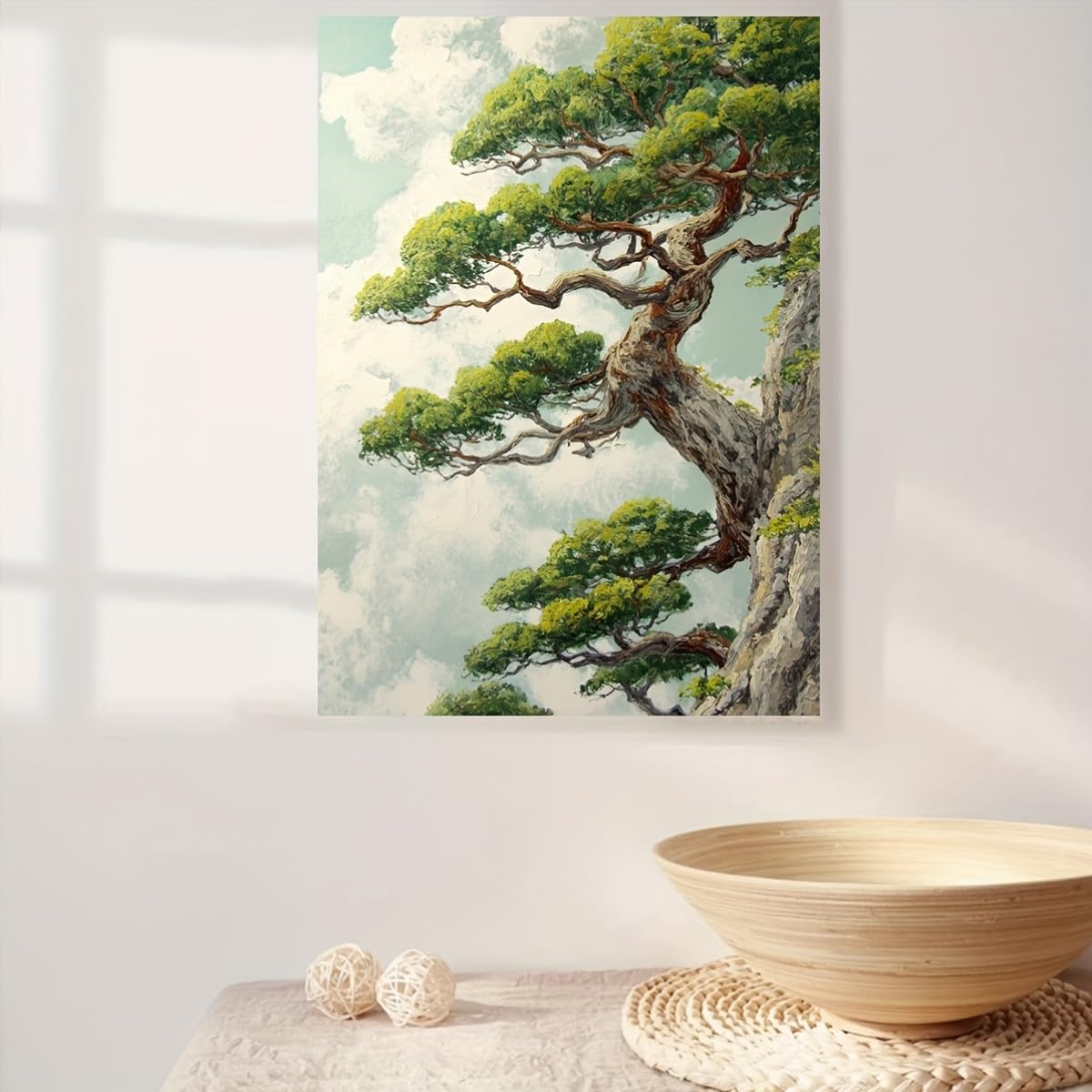 Egjepwfh No Frame Modern Comic Landscape Artwork -Japanese Pine Trees In Green And Brown Tones Perfect For Hanging In Living Rooms(30X40cm/No Frame)
