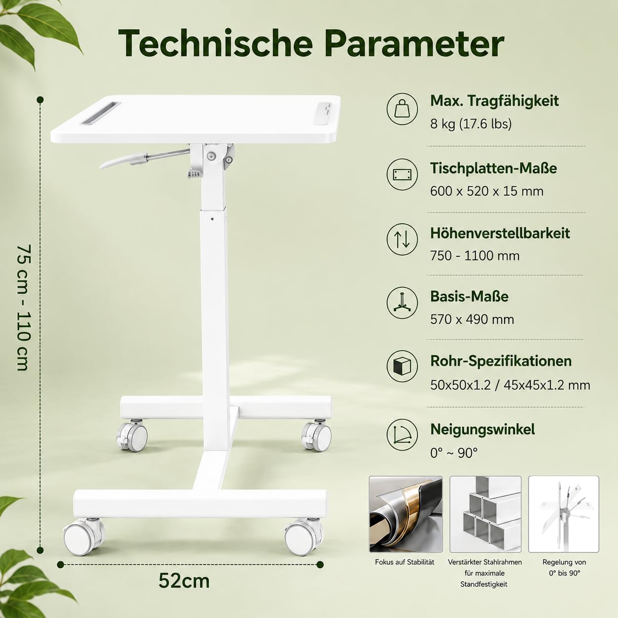Höhenverstellbarer mobiler Beistelltisch mit Rollen60×52cmTischplatte 90° neigbar,geeignet als Kleiner Computertisch für Wohnzimmer und SchlafzimmerSofatischKrankenpflege-Beistel (Weiß)
