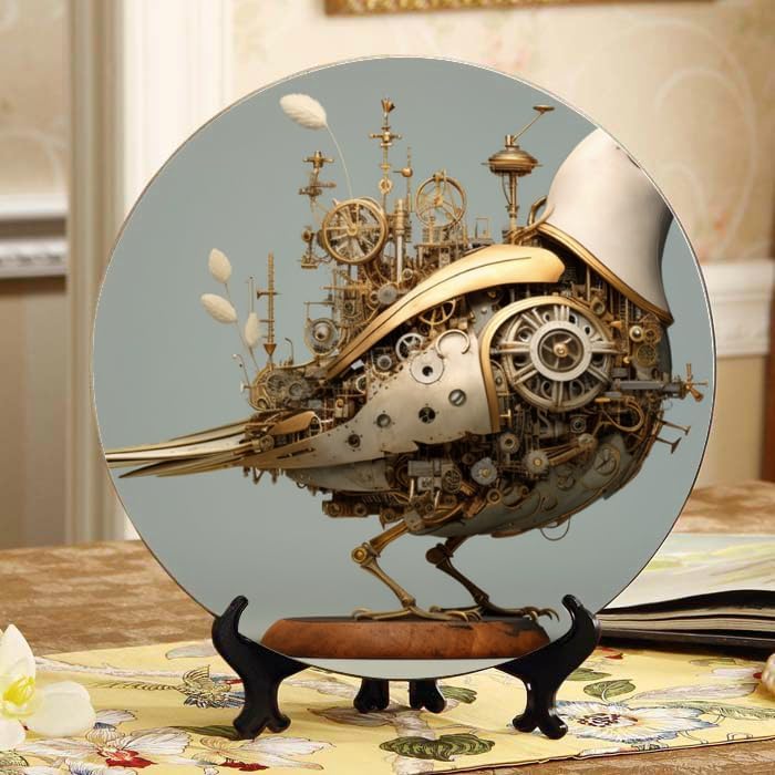 Mechanical Bird's nest and semi-Mechanical Bird 10-inch Ceramic Plate for Wall Display or Tabletop, with Stand & Hook DP-68271051