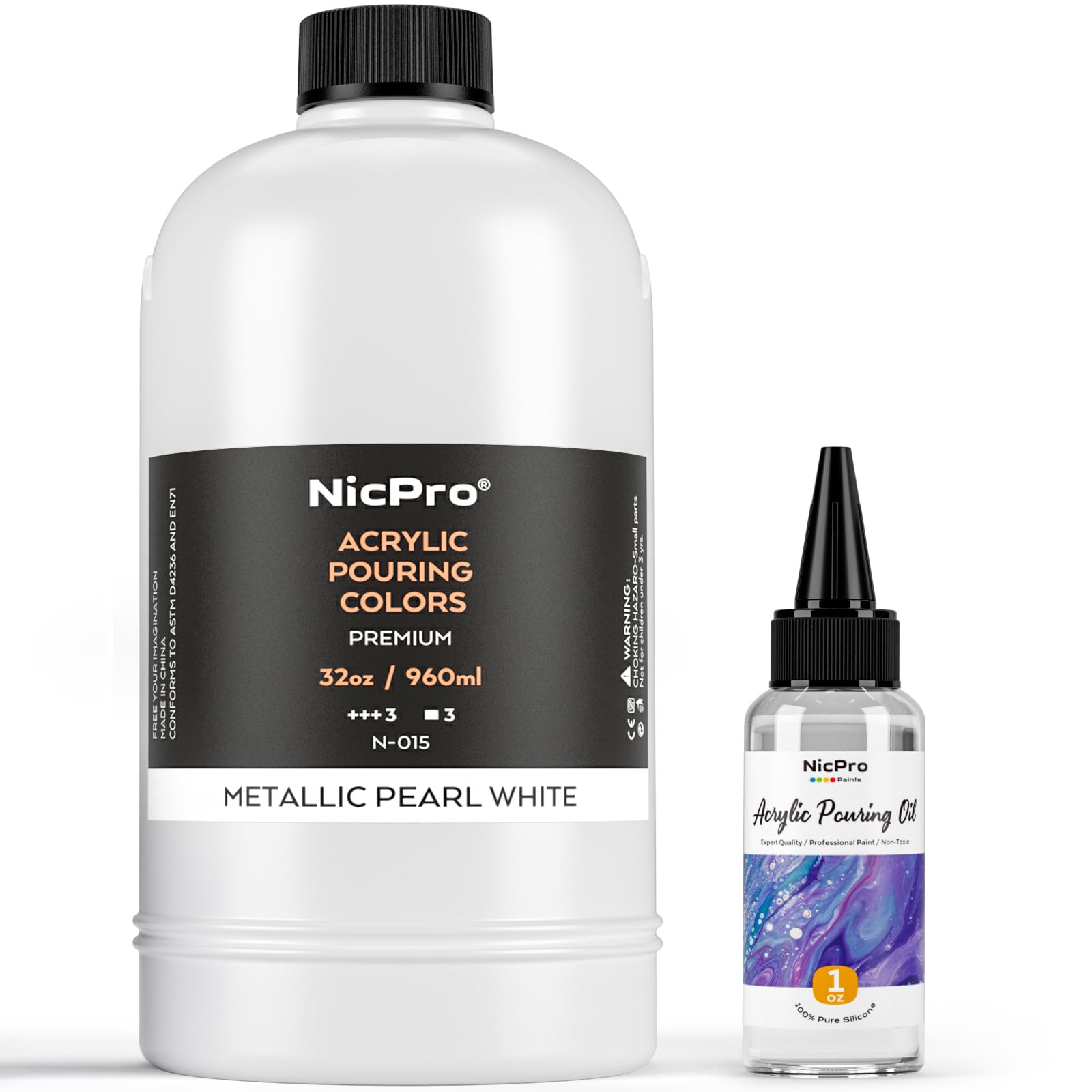 Nicpro White Metallic Pearl Color Acrylic Pour Paint, 33.8 Ounce Pre-Mixed Pouring Paint Supplies with Silicone Pour Oil, Gloves for Canvas, Rock, Wood Cell Creation Flow DIY Art Painting, Ready to Pour