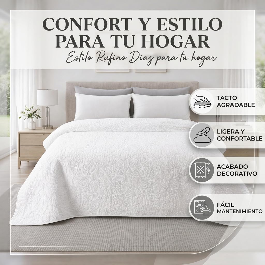 Rufino Díaz Colcha Hostelería Algodón Paula (Blanco - 150 cm) - para una sensación acogedora y de Confort - Tejido Suave, Agradable y Resistente
