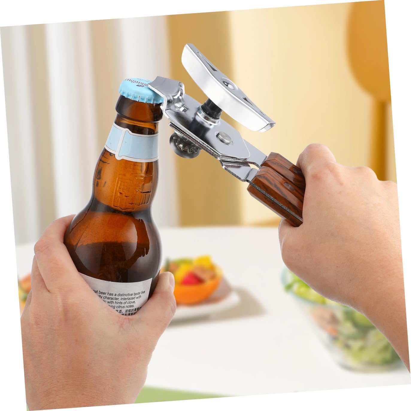 Manual Can Opener with Wooden Handle Stainless Steel Opener Kitchen Gadget for Home Bar Use