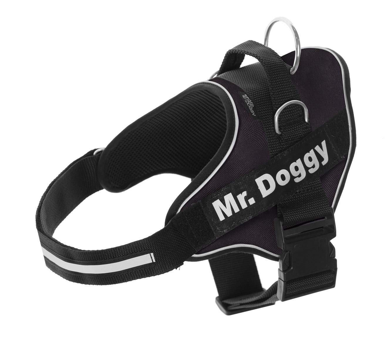 Mr. Doggy Arnés Personalizado para Perros - Reflectante - Incluye 2 Etiquetas con Nombre - Todos los Tamaños - De Calidad y Resistente (S 7,5-15KG, Negro)