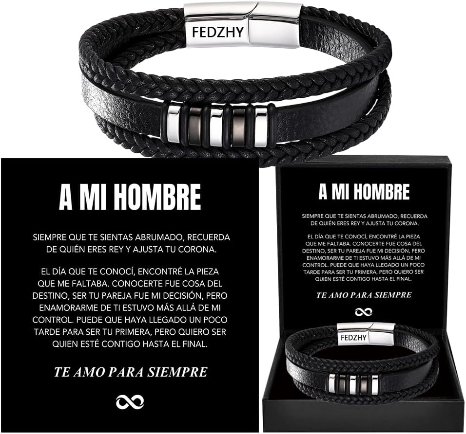 Spanish Card，To My Man, Personalized Dual Name Infinity Leather Bracelet, Personalized Custom Name Stainless Steel Braided Bracelet for Men/Women, for Birthday, Anniversary ,Christmas ,Valentine's Day Gifts