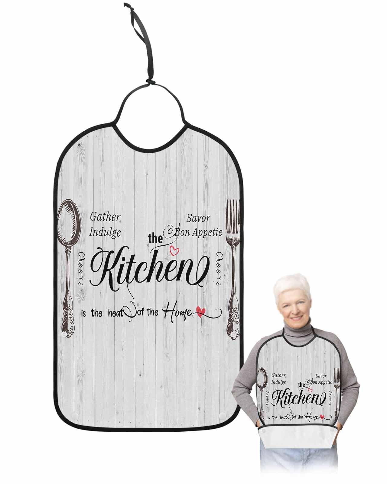 LEOKOTI Kitchen Theme Adult Bibs for Eating, Waterproof Bibs with Food Catcher & Adjustable Snap Closure, Vintage Farmhouse Wooden Washable Clothing Protectors Adult Bibs for Elderly Women/Men