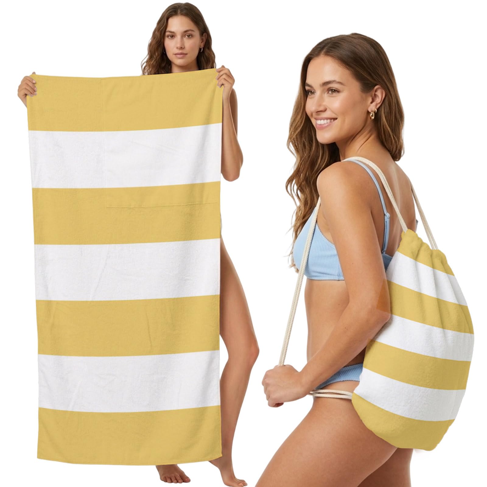 Beach Towel Bag 2 in 1 Yellow Stripes Bath Pool Towels Backpack Parallel Lines Classic Striped Absorbent Beach Towel Soft Quick Dry Lightweight Packable Towels Drawstring Bag for Travel Sports Yoga