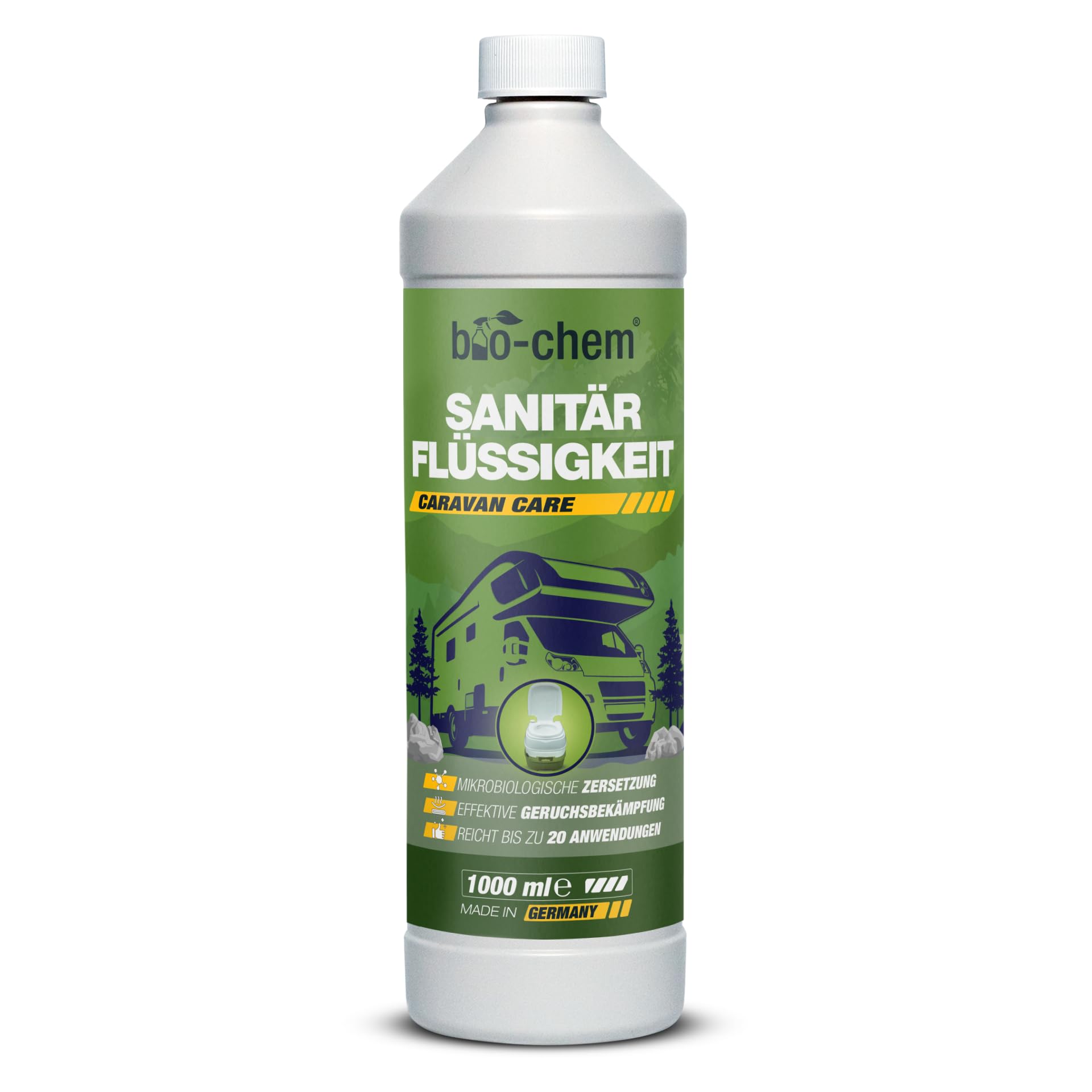 bio-chem Sanitärflüssigkeit für Campingtoilette 1L – Campingtoilette Chemie & Chemietoilette Flüssigkeit – mikrobiologischer Toilettenzusatz – gegen Gerüche & Fäkalien – Made in Germany