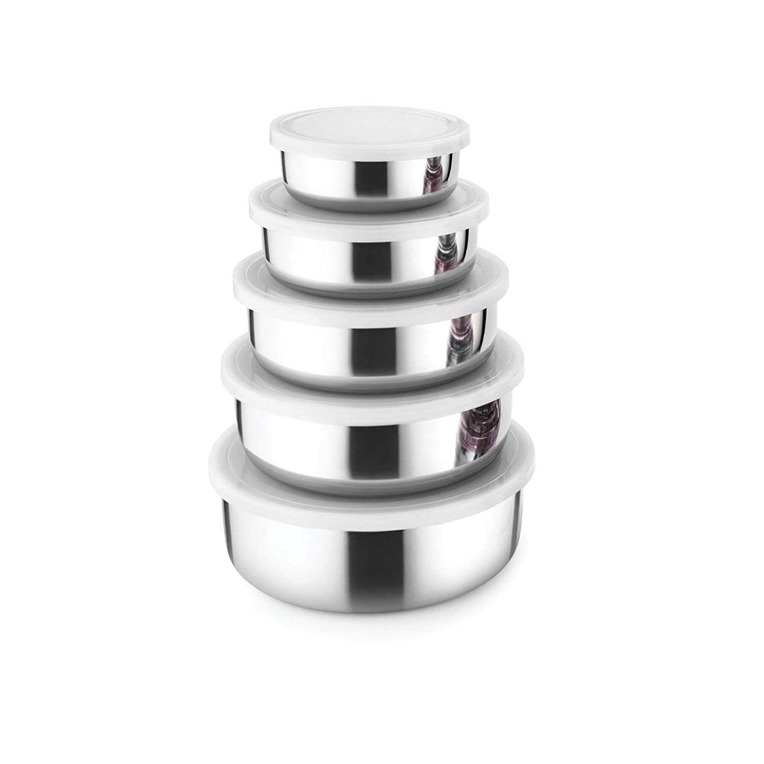 Stainless Steel Containers for Kitchen Storage- 5 Pieces of Bowl with Plastic Lid- Silver Color (400ml, 600ml, 800ml, 1000ml, 1200ml)