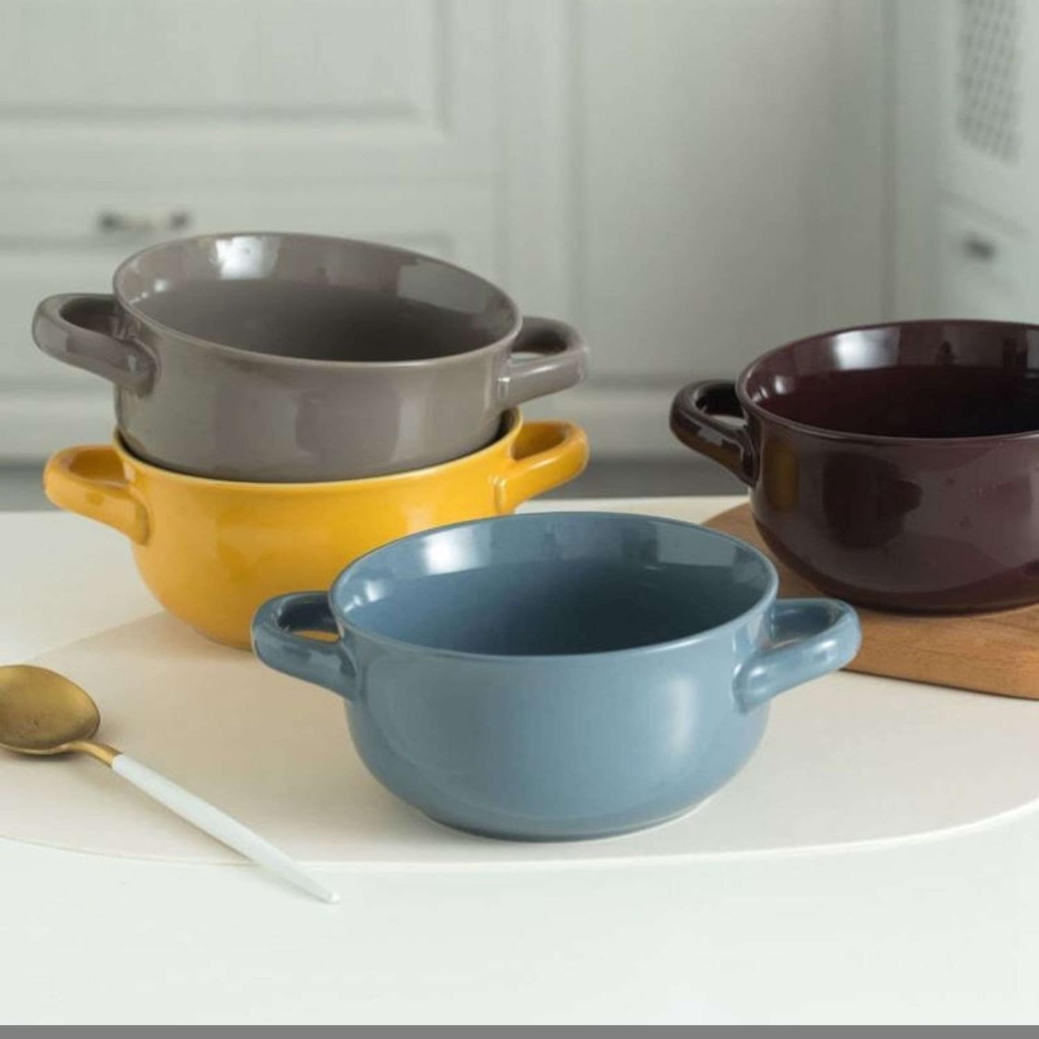 Wielofunkcyjny zestaw misek do serwowania – duże ceramiczne miski do zupy z podwójnymi uchwytami, porcelanowa zastawa stołowa do zupy cebulowej, makaronu i gulaszu. Idealne na śniadanie i płatki