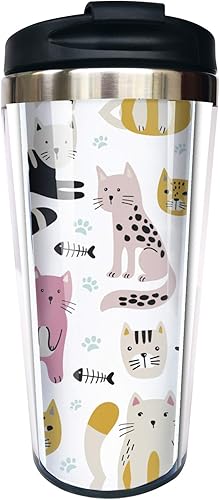 NVJUI JUFOPL Cute Cats - Taza de café de acero inoxidable con tapa abatible de 14 onzas, divertida taza de café para viajes, oficina en casa