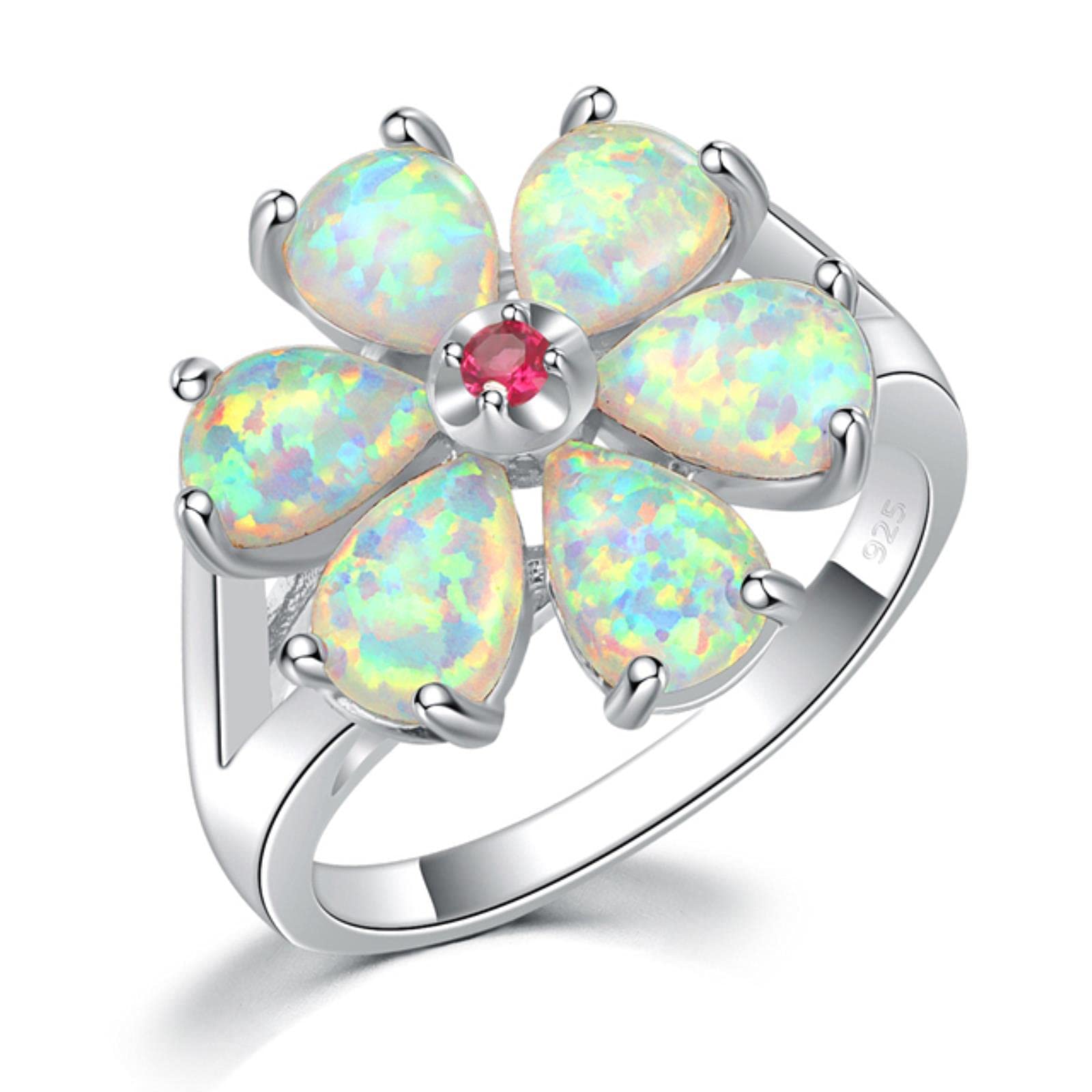 Collier Pendentif Opale De Feu (créé) - Argent - Bijou Cocktail Fleur - Taille 6,25