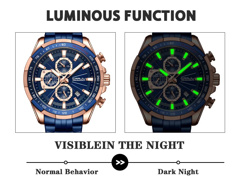 CRRJU Orologi al quarzo analogici casual da uomo alla moda per uomo con cronografo da polso, orologio impermeabile con cinturino in acciaio inossidabile blu, Blu e blu.
