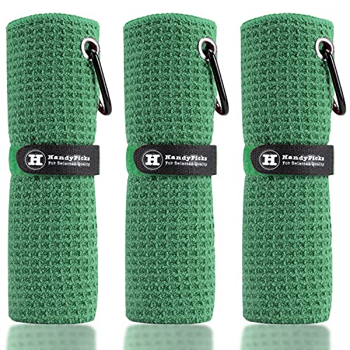 Image of Handy Picks Microfiber Golf Towel (16 inch X 16 inch) with Carabiner Clip, Waffle Pattern Golf Towel Hook and Loop Fastener - The Convenient Golf Cleaning Towel