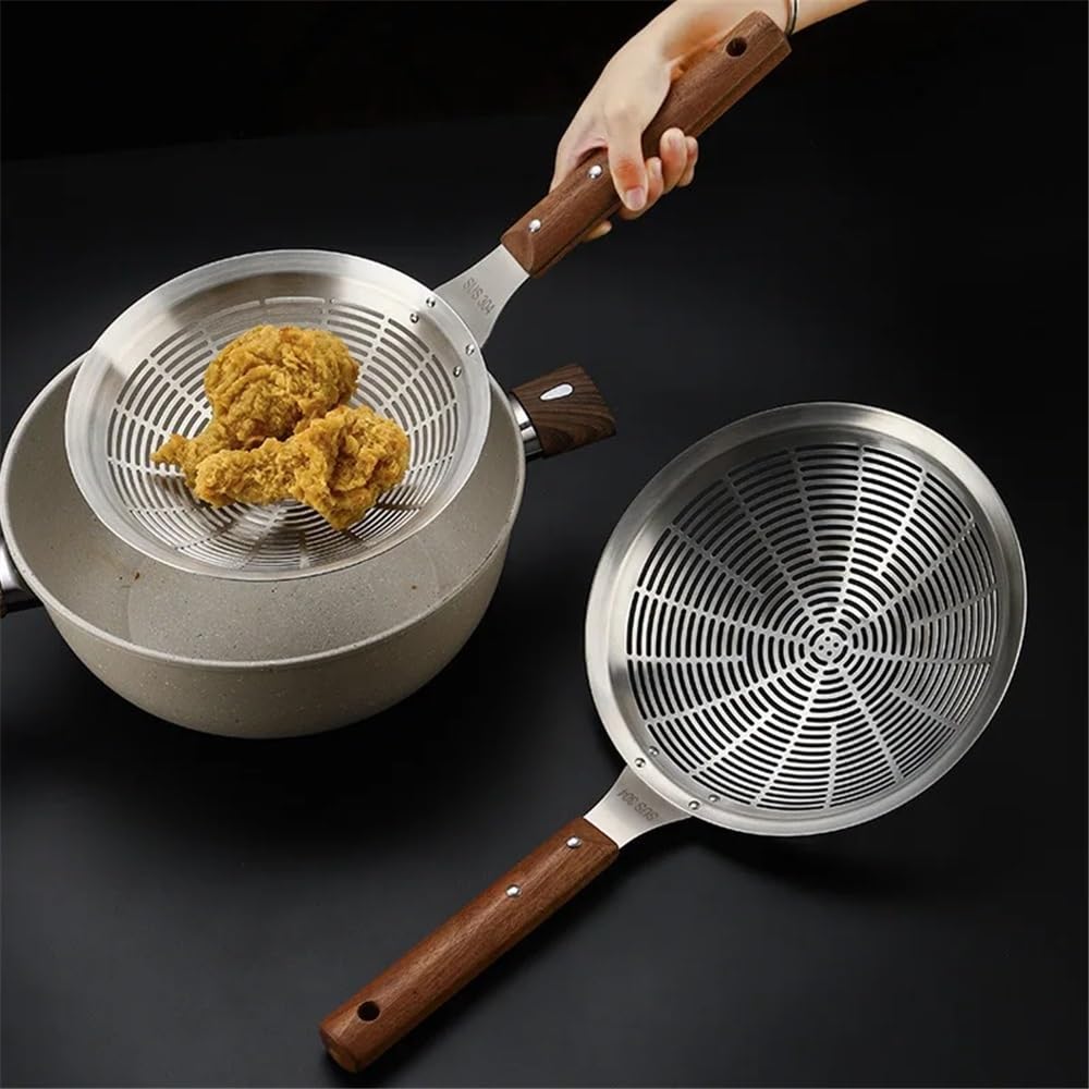 Frittierkorb Großes Küchensieb aus Edelstahl mit Holzgriff Frittierkorb mit Griff(Groß)