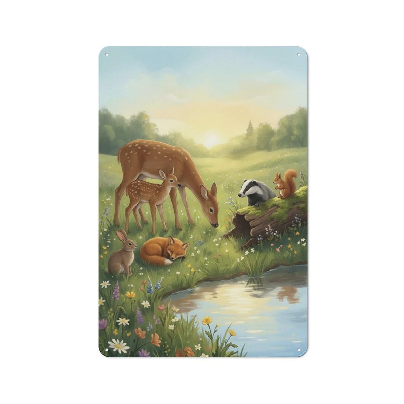 Rustic Forest Animals by The Pond Tin Wall Plaque 30x20cm, Rustic Kitchen Decor for Cottage, Kitchen, Hallway Or Breakfast Nook