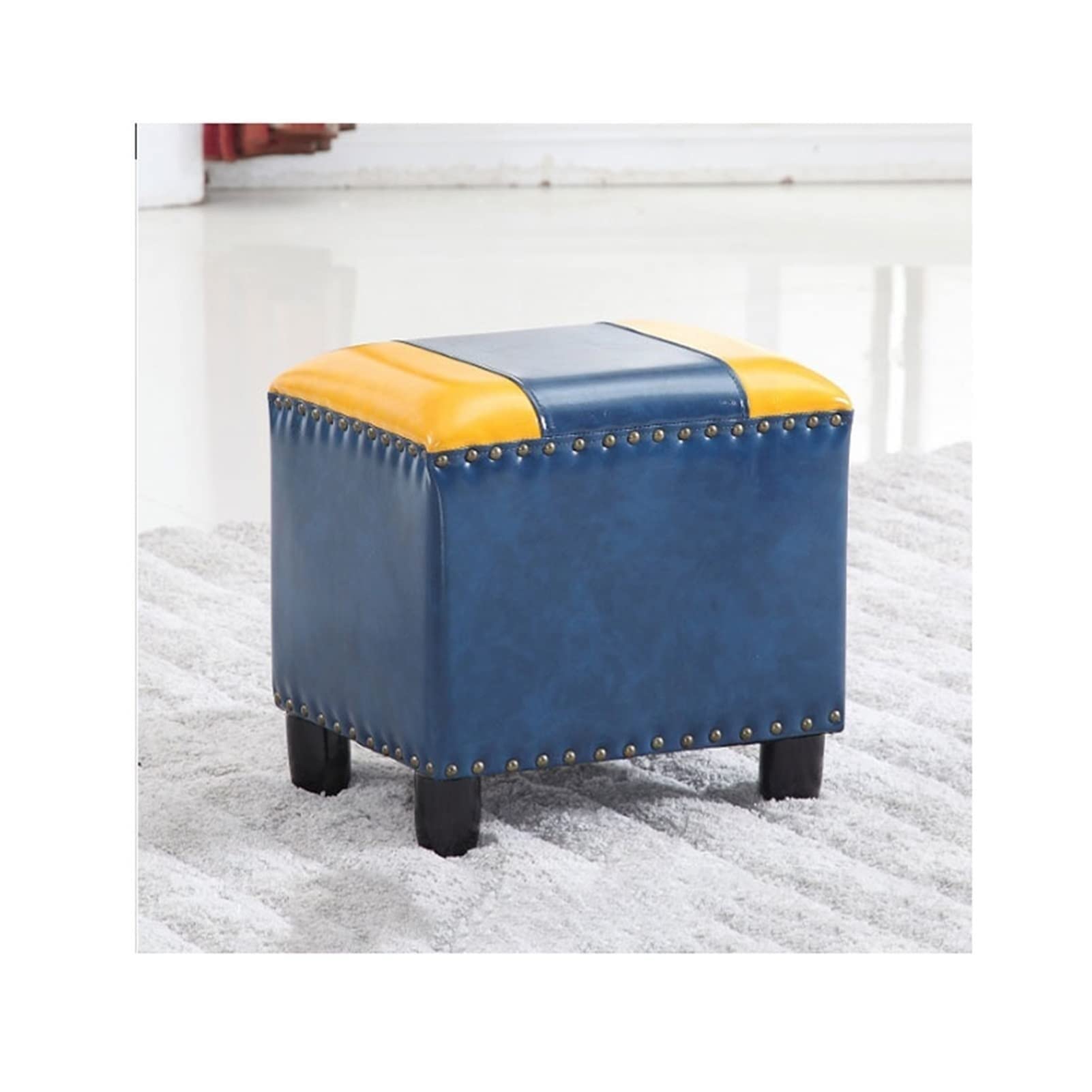 Taburete de tocador en cuero azul con asiento acolchado