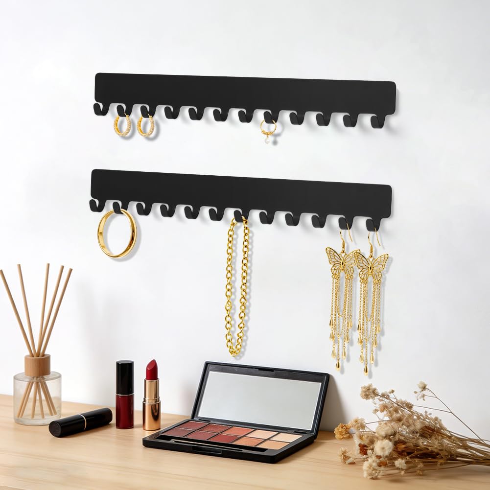HOTUT 2PCS Organizador De Joyas Para Colgar En La Pared,Metal Soporte De Joyas Con 12 Ganchos,Soporte Para Cadenas De Joyas y Colgadores Con Autoadhesivo Para Pendientes Pulseras Collares,Negro - 5