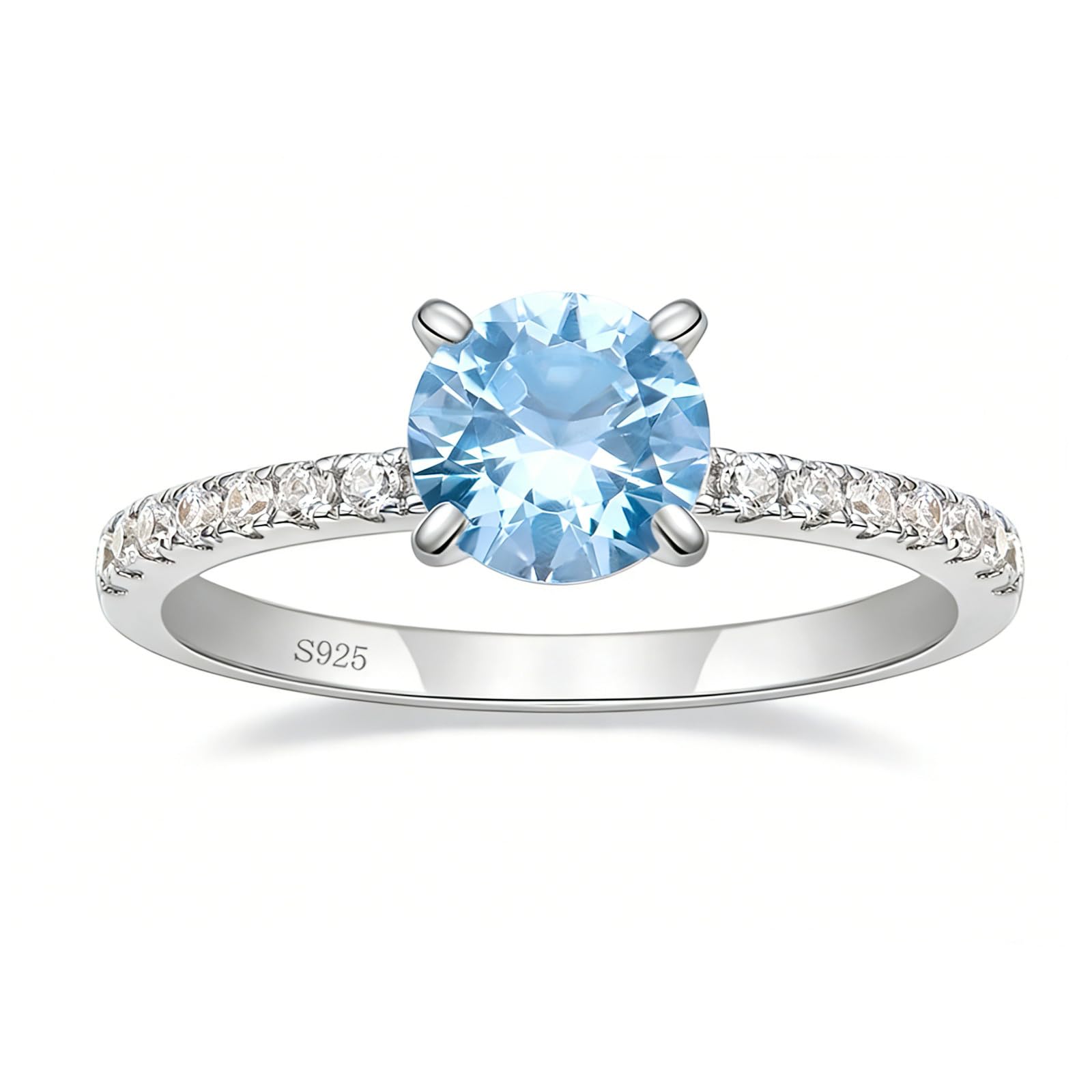 1.25CT 925 Sterling Silver Engagement Rings for Women Created Blue Aquamarine Round Cut Solitaire CZ Wedding Band Promise Ring for Her Size 5-10