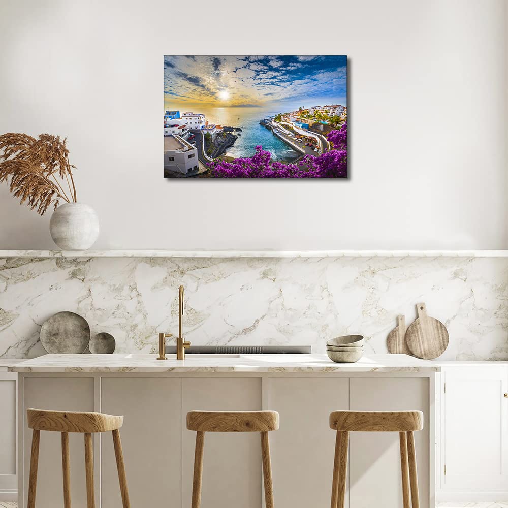 1 Panel European Coastal Towns Wall Art Decor Large Canvas Print Picture Sunset Scenery Modern Painting Artwork for Office Wall Decor Home Decoration Stretched and Framed Ready to Hang 16x24inch - Image 4