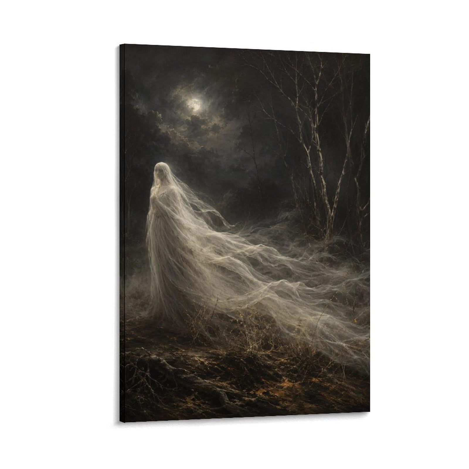 W7C8U2X3 Moonlit Forest Ghost Canvas Wall Art, Gothic Fantasy Wall Art
