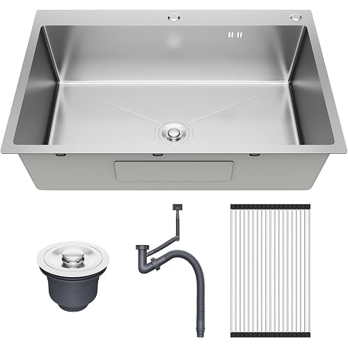 33x22 Inch Topmount or Drop In Kitchen Sink Worktation 16 Gauge Stainless Steel Single Bowl Kitchen Sink with Drainpipe, Silver