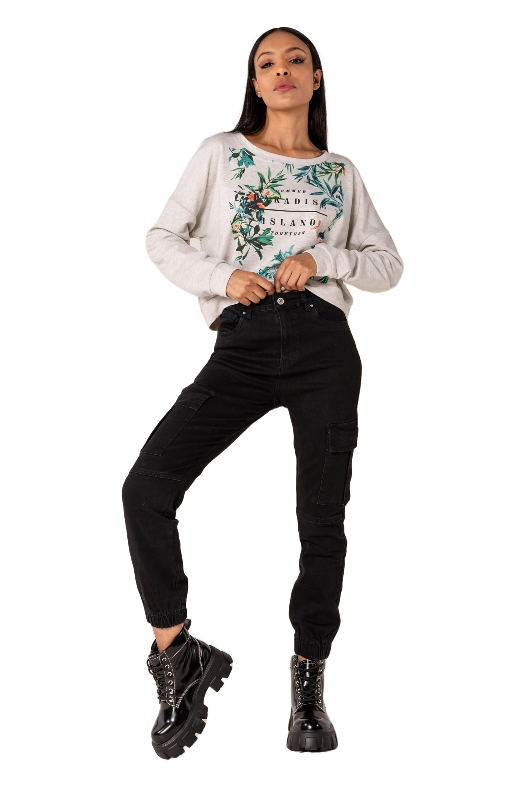 Nina Carter P219 Damen Cargo Jeans High Waist Relaxed Fit Jeanshosen Elastischen Beinabschlüssen Used-Look