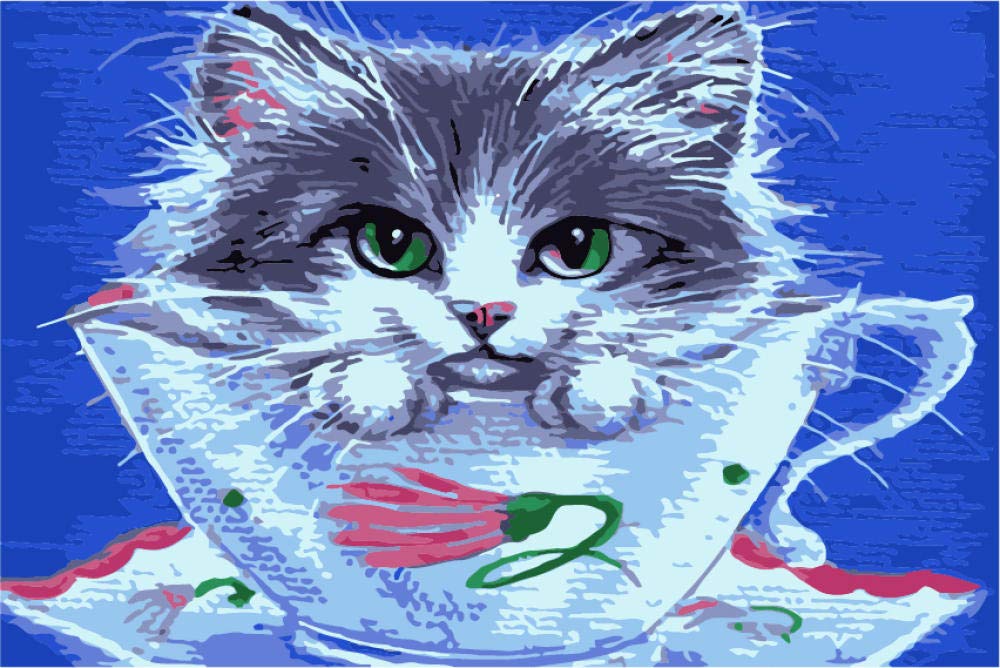 Tableau chaton dans une tasse à peindre soi-même pour décoration salon cosy