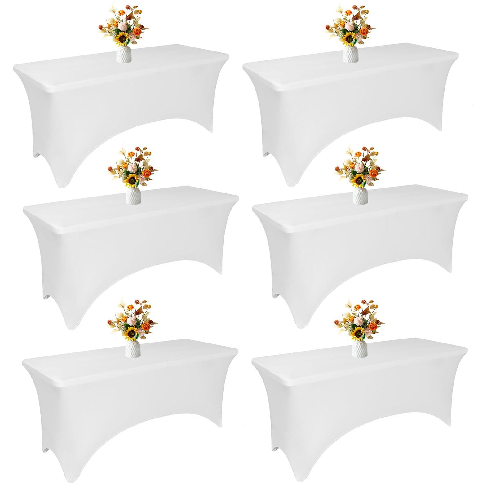 Yemosa 6Pack White Spandex Table Covers for 6 Foot Tables - 6 FT Universal Rectangular Fitted Stretch Tablecloth Protector, Washable and Wrinkle Resistant, Perfect for Trade Shows, Wedding