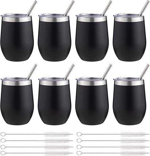 Miniatura 19 de Vaso térmico para vino de 12 oz con tapa y pajita, vasos térmicos para vino de acero inoxidable sin tallo de doble pared al vacío, vasos a granel
