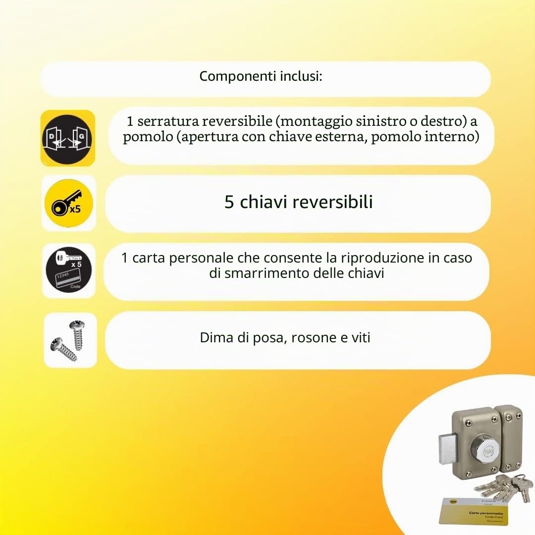 Yale Serratura per porta a bottoni, apertura a bottone interna, chiave esterna, diametro 23 mm, lunghezza 40 mm, 6 perni YV26BT-40, anti-grimaldello, foratura, trazione, 5 chiavi