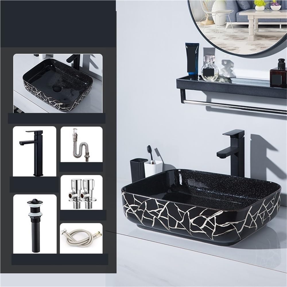 Umywalki łazienkowe Nowoczesna minimalistyczna czarna ceramiczna umywalka nablatowa Home Art Basin z baterią i odpływem