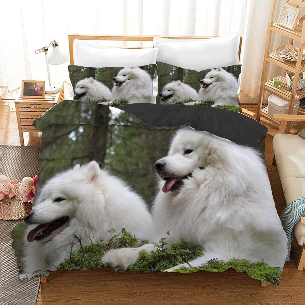 布団カバー クイーン白いサモエド犬 可愛い 防ダニ寝具 セットマイクロファイバー 1 布団カバ 210x210 Cm 2 枕カバー 43x63 Cm 大人 ボーイズ ガールズ 寝具カバーセット サイズ 210x210cm