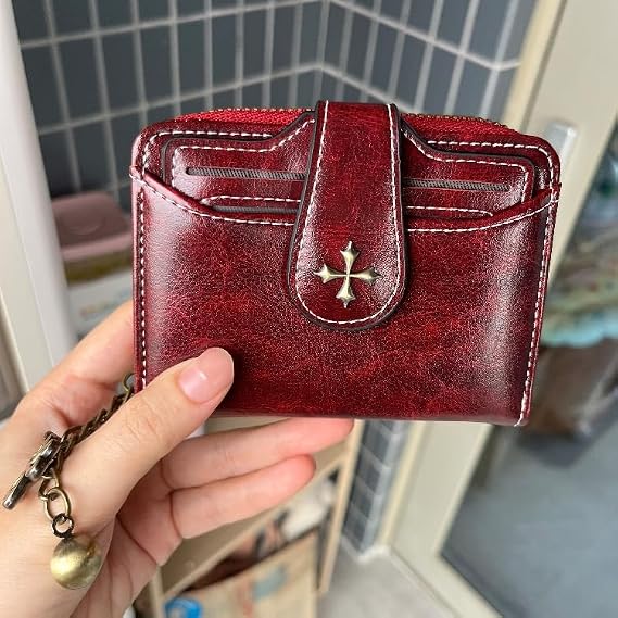 Small Wallet for Women Mini Leather Cash Wallets Zip Bifold Goth Purse Vintage Wallet Grunge Coin Pocket (Red)