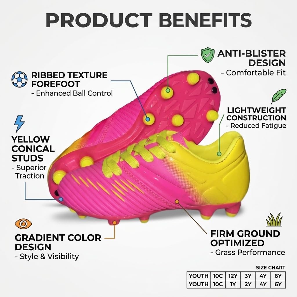 Vizari Liga FG - Tacos de fútbol para niños, 100% sintéticos, Resistentes al Agua, Bicolor, con Forro antielástico para Jugar en Interiores y Exteriores, Rosa Amarillo, 36 EU