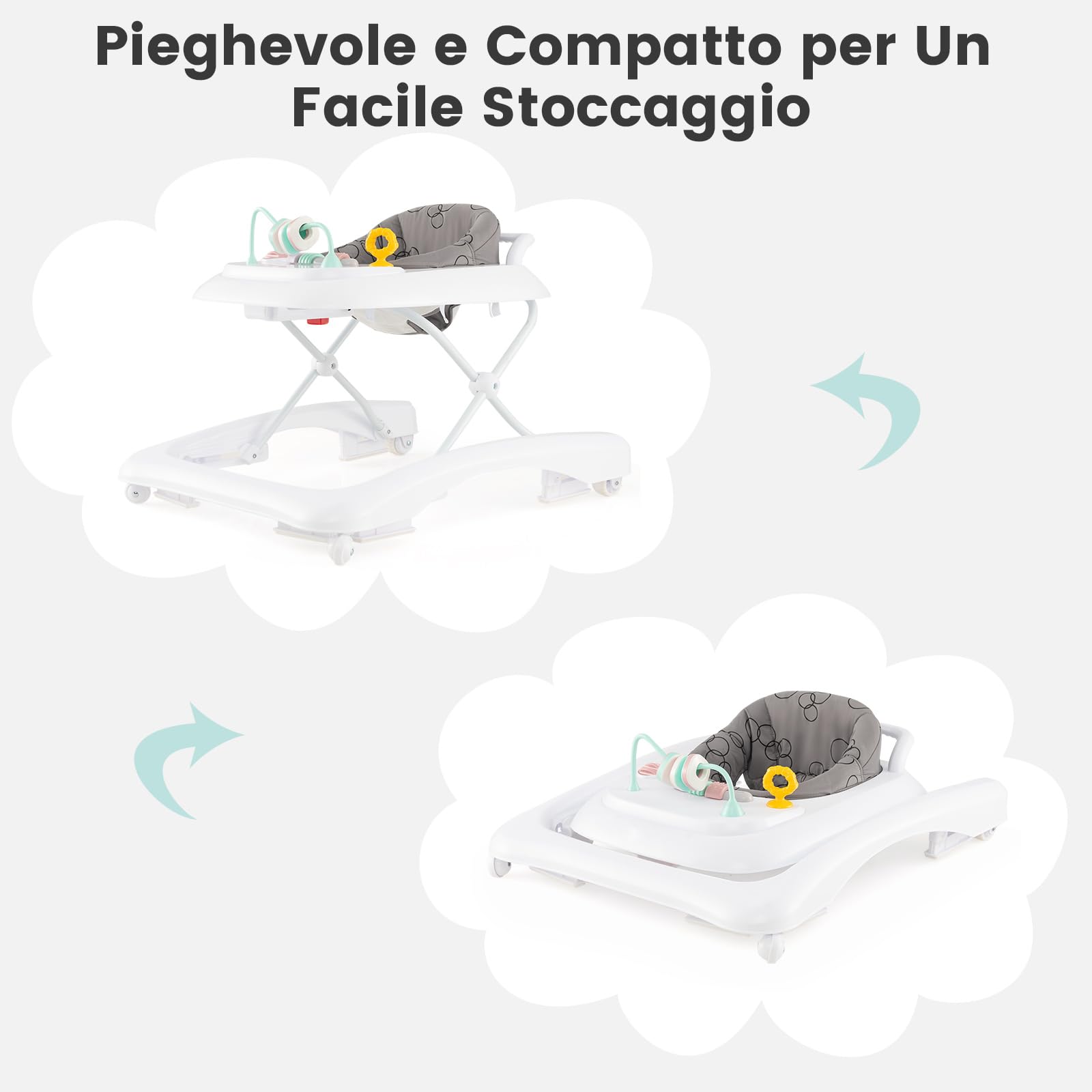 RELAX4LIFE Girello Pieghevole per Bambini, con 3 Altezze Regolabili, Piastra Giocattolo Rimovibile, Cuscino Morbido, Ruote Lisce, Anti-ribaltamento (GRIGIO)