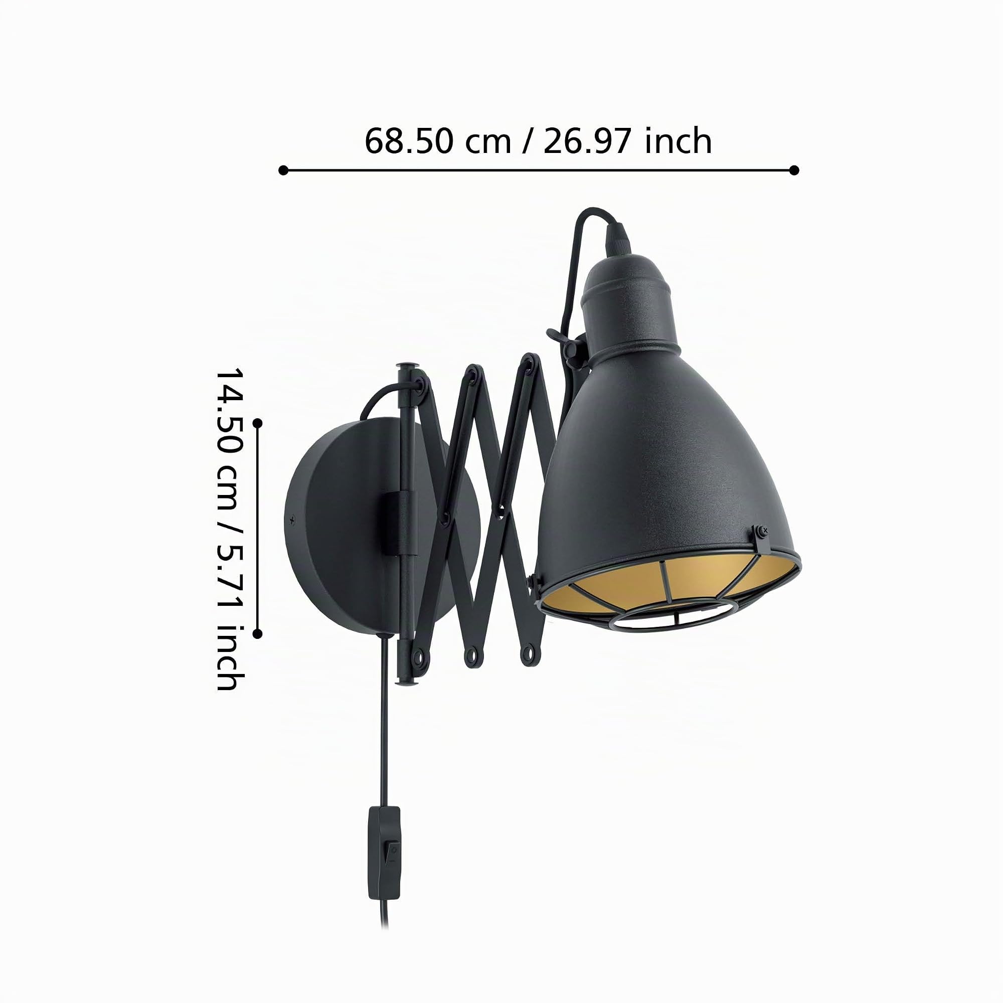 EGLO Wandlampe Treburley, 1 flammige Wandleuchte Industrial, Vintage, Retro | Wandleuchte innen aus Stahl, Wohnzimmerlampe, Flurlampe in Schwarz, Gold, Wandlampe mit Schalter, E27 Fassung