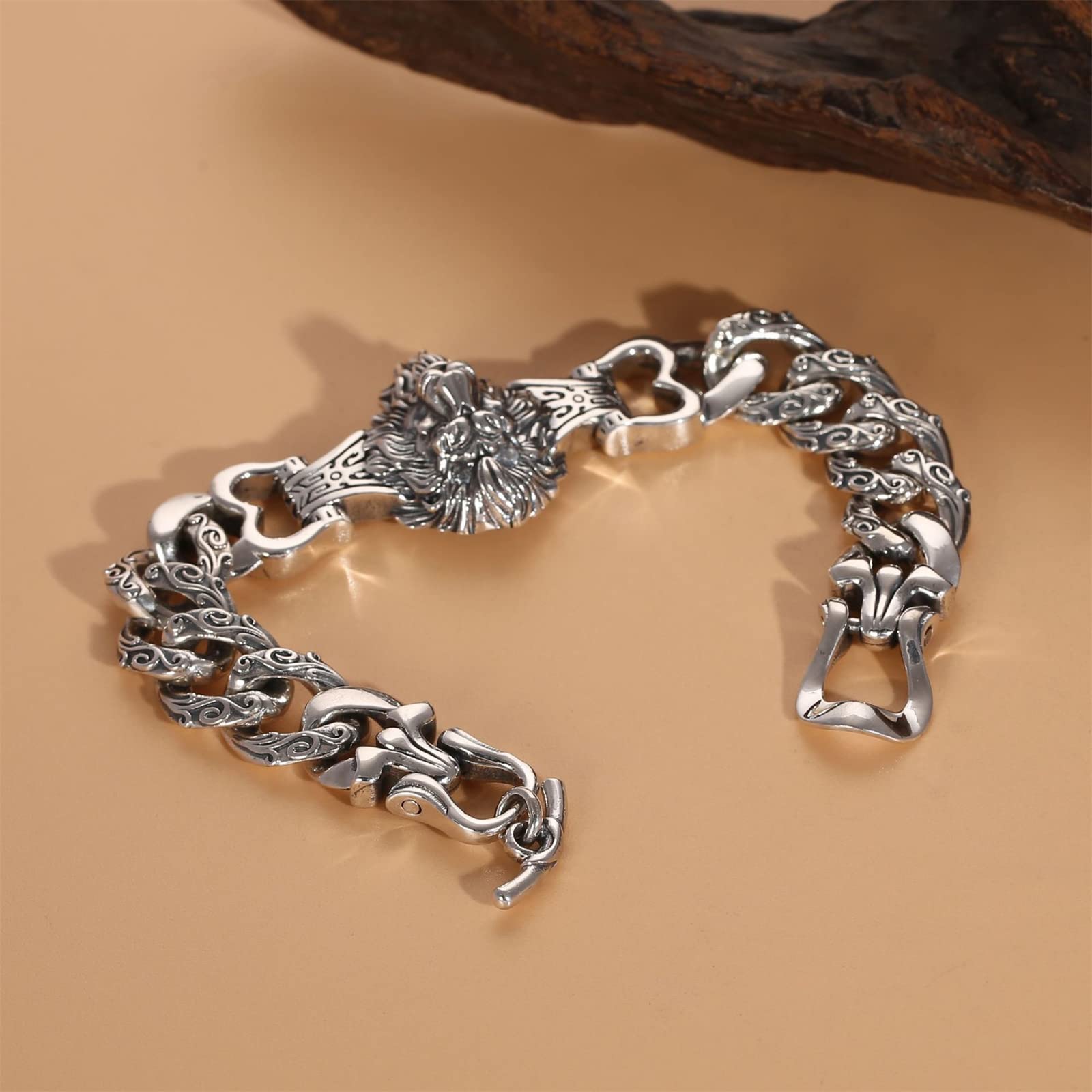 silver bracelet lion head staring 刻印 S925 Sterling Silver Men's Lion Head Bracelet, Viking Retro
