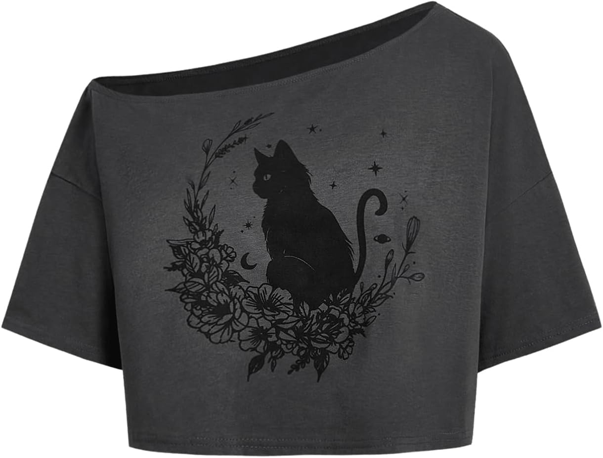 SOLY HUX Women's Off The Shoulder Crop Tops Graphic Tees Y2k Short Sleeve Loose Fit T Shirts Streetwear