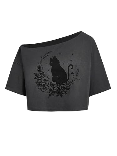 SOLY HUX Women's Off The Shoulder Crop Tops Graphic Tees Y2k Short Sleeve Loose Fit T Shirts Streetwear
